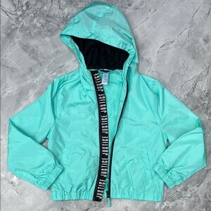 Justice Turquoise Hooded Windbreaker Jacket with Logo Zipper